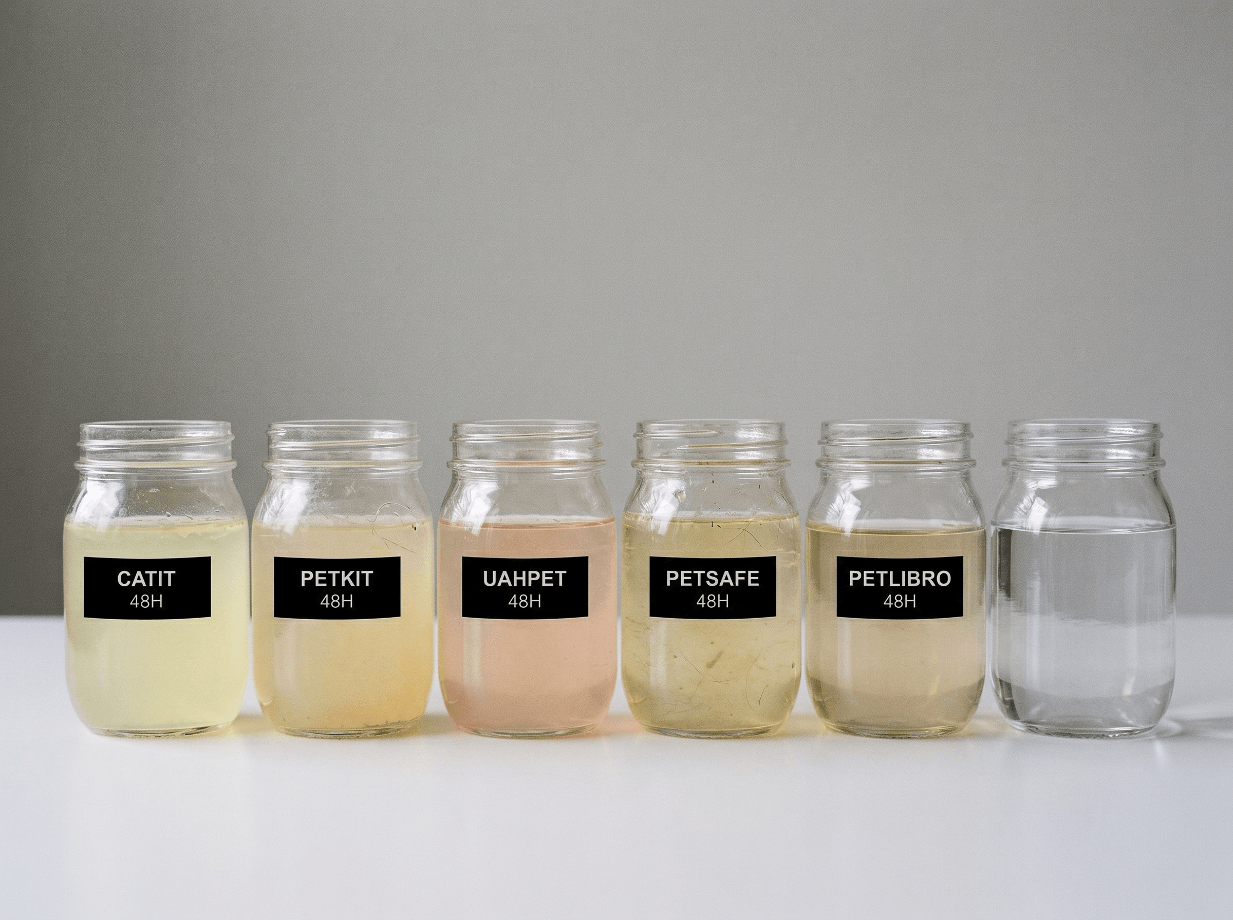 The Six-Jar Lineup — six clear glass jars on a white surface, in a row, showing the water poured from each cat fountain after 48 hours of normal use.